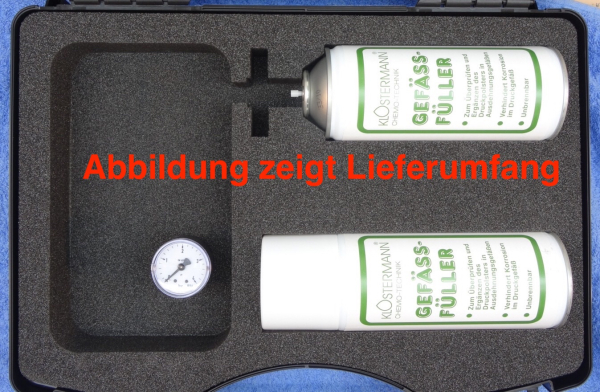 Ersatzmanometer, Wartungskoffer und zwei Füllgasdosen